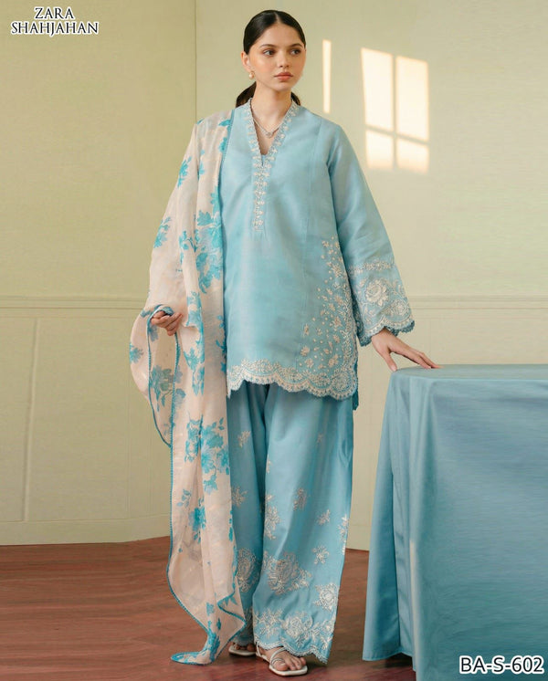 SKY BLUE COLOR ZARA SHAH JAHNAN EMB 3PC